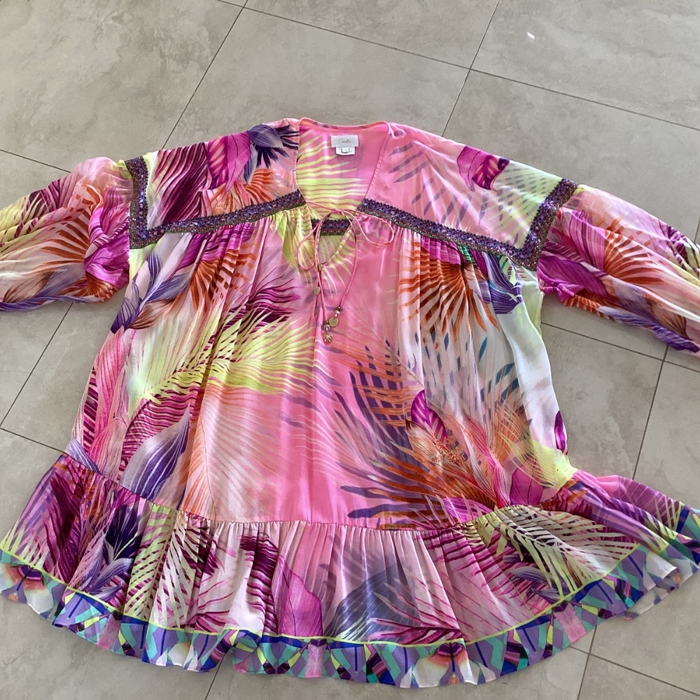 Camilla South Beach Sunrise 100% Silk Gathered Yoke Short Dress Blouson Sleeves - Picture 11 of 16